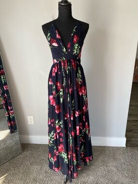 Meghan LA Navy Maxi Dress with Pink Floral Print
